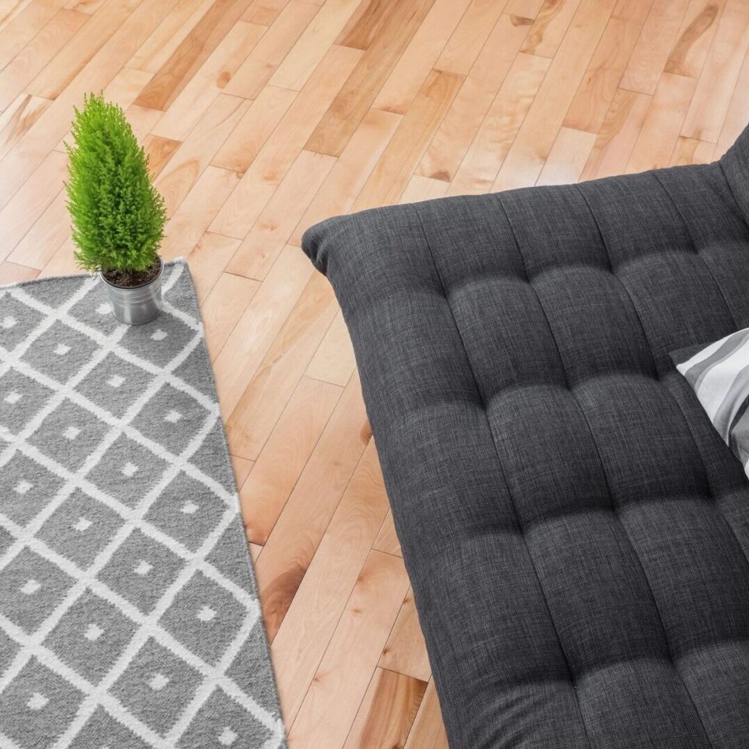 Cozy living room corner with a tufted dark gray sofa and patterned rug on wooden floor.